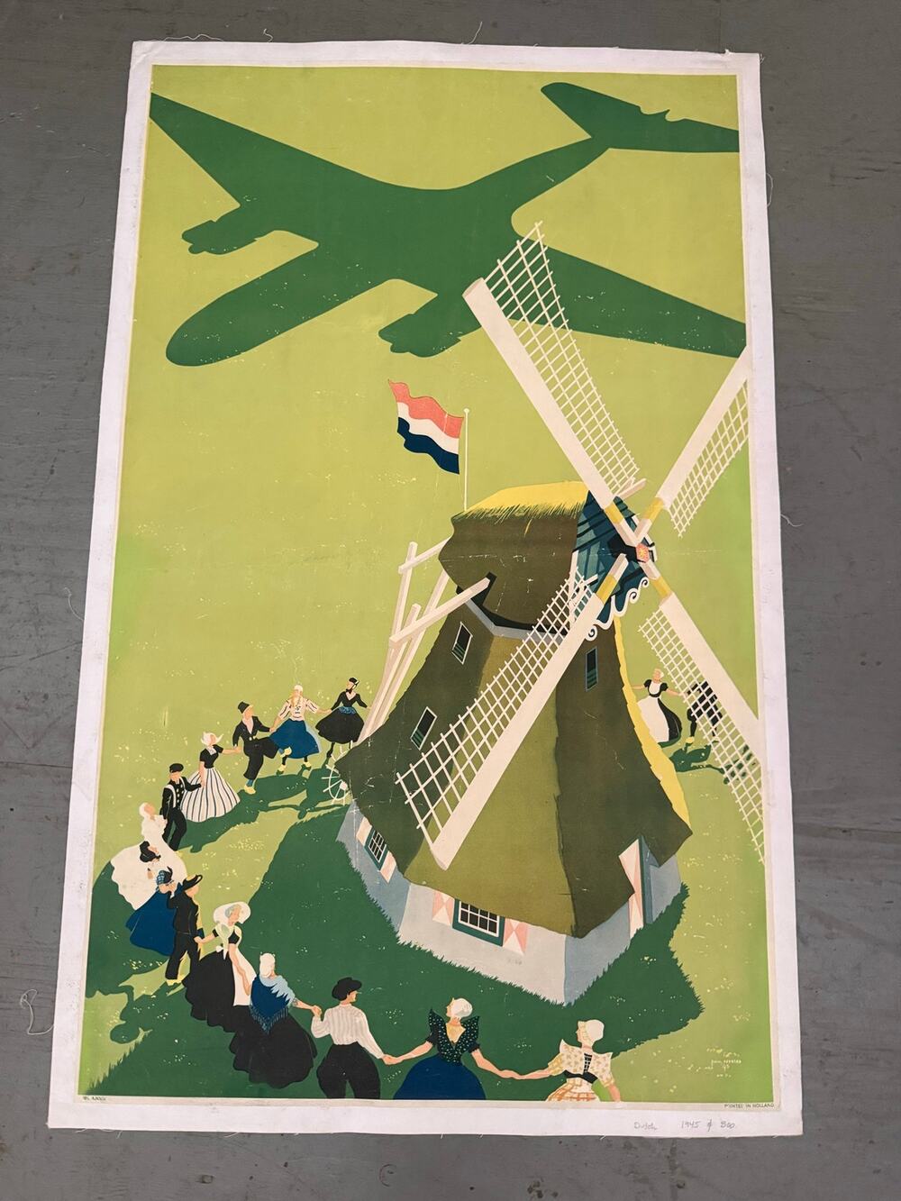 Signed 1945 Poster on Canvas Holland Royal Dutch Airlines KLM by Paul Erkelens